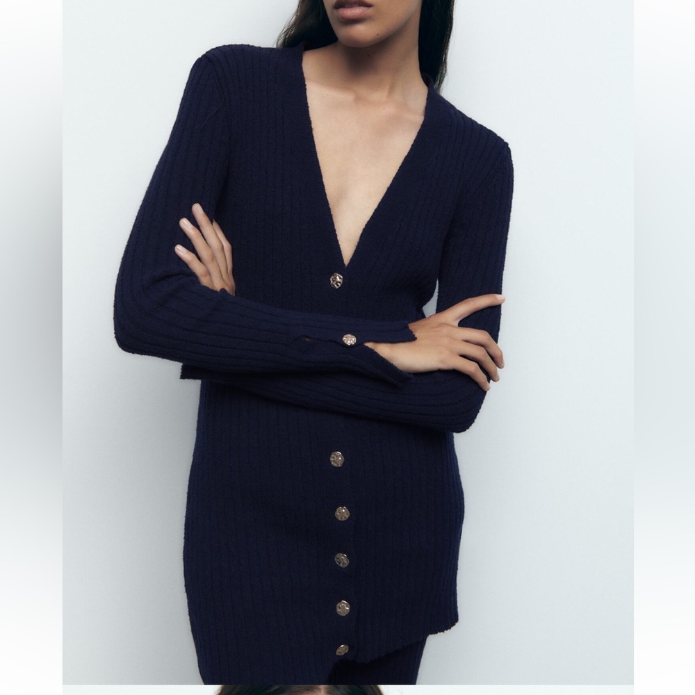 Zara navy gold ribbed knit cardigan small